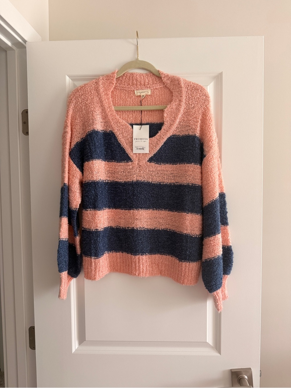 Promesa Peach and Navy Striped V-Neck Sweater